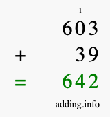 Calculate 603 + 39 using long addition