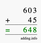 Calculate 603 + 45 using long addition