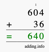 Calculate 604 + 36 using long addition