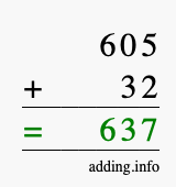 Calculate 605 + 32 using long addition