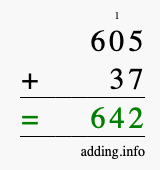 Calculate 605 + 37 using long addition