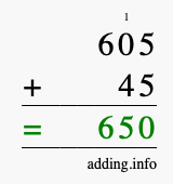 Calculate 605 + 45 using long addition