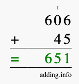 Calculate 606 + 45 using long addition