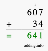 Calculate 607 + 34 using long addition