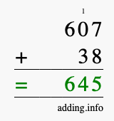 Calculate 607 + 38 using long addition