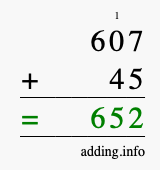 Calculate 607 + 45 using long addition