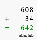 Calculate 608 + 34 using long addition