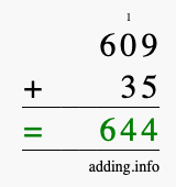 Calculate 609 + 35 using long addition