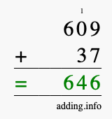 Calculate 609 + 37 using long addition
