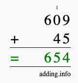 Calculate 609 + 45 using long addition