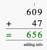 Calculate 609 + 47 using long addition