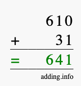 Calculate 610 + 31 using long addition