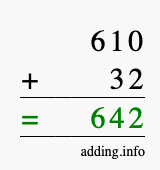 Calculate 610 + 32 using long addition