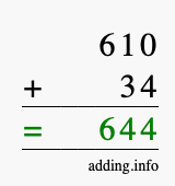 Calculate 610 + 34 using long addition