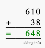 Calculate 610 + 38 using long addition