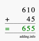 Calculate 610 + 45 using long addition