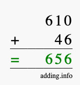 Calculate 610 + 46 using long addition