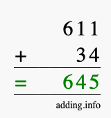 Calculate 611 + 34 using long addition