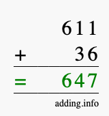 Calculate 611 + 36 using long addition