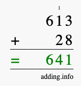 Calculate 613 + 28 using long addition