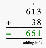 Calculate 613 + 38 using long addition