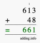 Calculate 613 + 48 using long addition