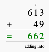 Calculate 613 + 49 using long addition