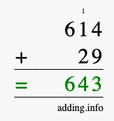 Calculate 614 + 29 using long addition