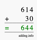 Calculate 614 + 30 using long addition