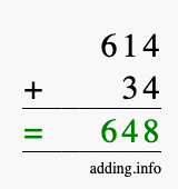 Calculate 614 + 34 using long addition