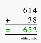 Calculate 614 + 38 using long addition