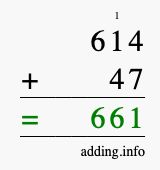 Calculate 614 + 47 using long addition