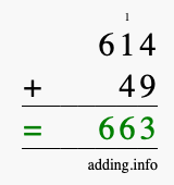 Calculate 614 + 49 using long addition