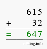 Calculate 615 + 32 using long addition