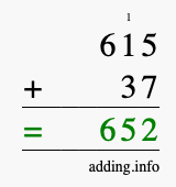 Calculate 615 + 37 using long addition