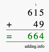 Calculate 615 + 49 using long addition