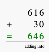 Calculate 616 + 30 using long addition