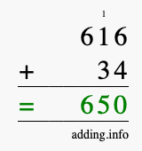 Calculate 616 + 34 using long addition