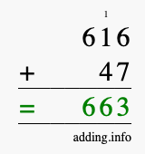Calculate 616 + 47 using long addition