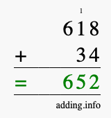 Calculate 618 + 34 using long addition