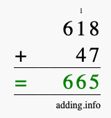 Calculate 618 + 47 using long addition
