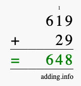 Calculate 619 + 29 using long addition
