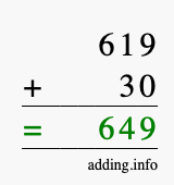 Calculate 619 + 30 using long addition