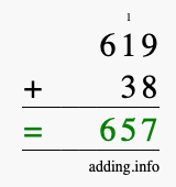 Calculate 619 + 38 using long addition