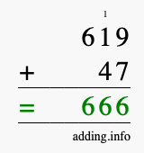 Calculate 619 + 47 using long addition