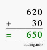 Calculate 620 + 30 using long addition