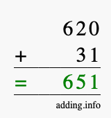 Calculate 620 + 31 using long addition