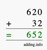 Calculate 620 + 32 using long addition