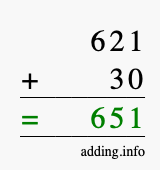 Calculate 621 + 30 using long addition
