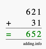 Calculate 621 + 31 using long addition